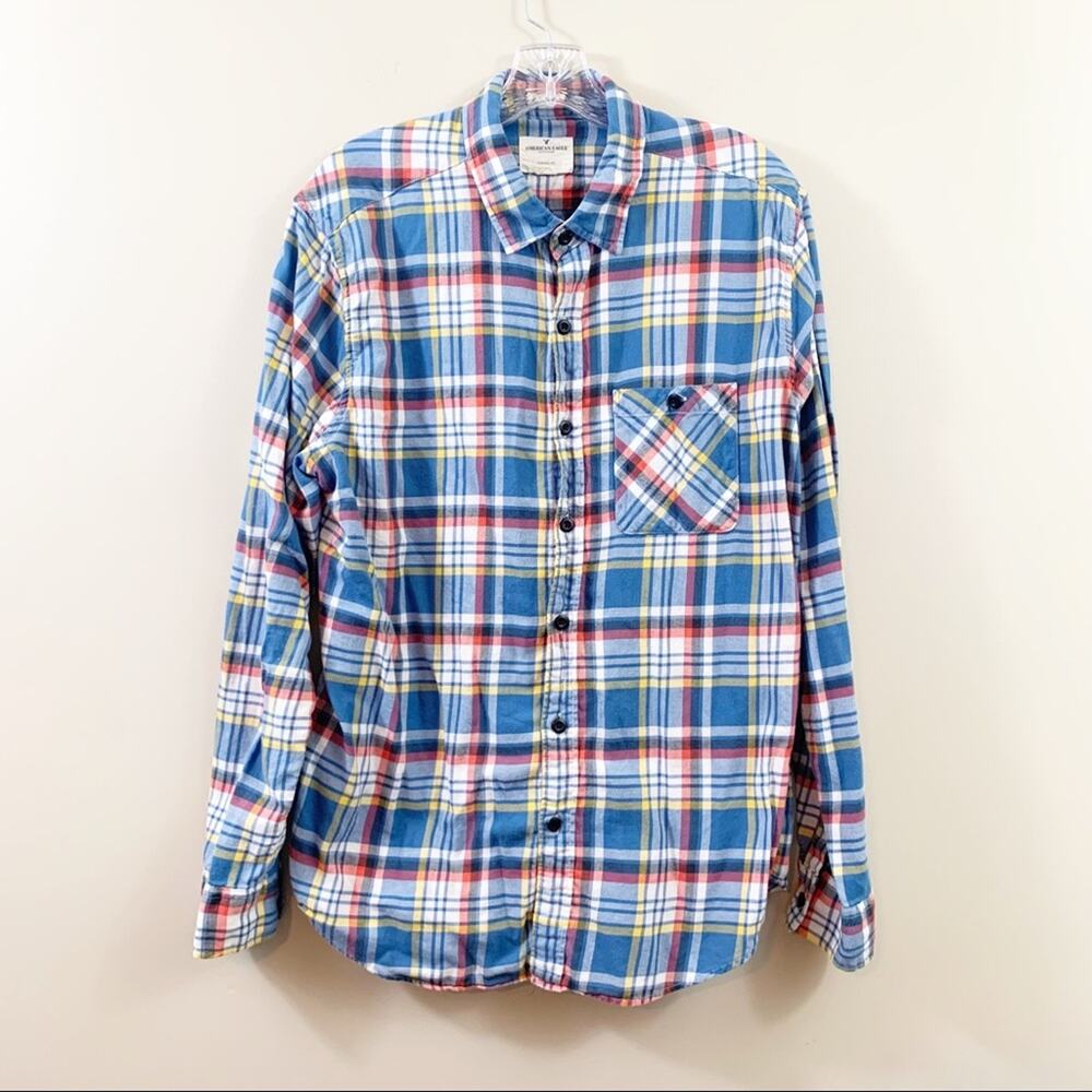 American Eagle Classic Fit Plaid Button Down Blue/Red Long Sleeve Shirt